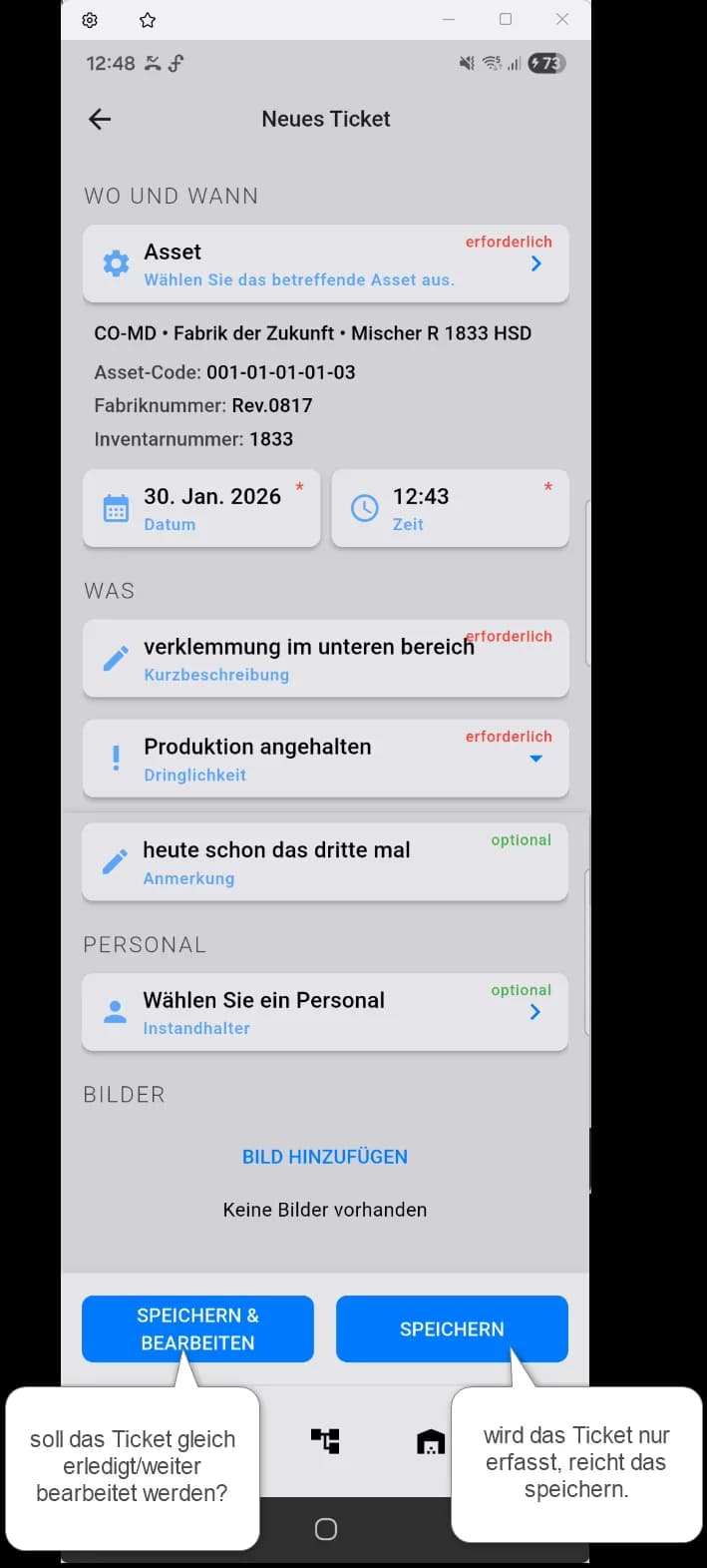 comain.cloud Mobile App - Neues Ticket erstellen mit Asset-Zuordnung