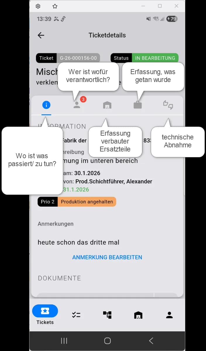 comain smart Ticketdetails mit Bearbeitungsstatus und Erfassungsoptionen