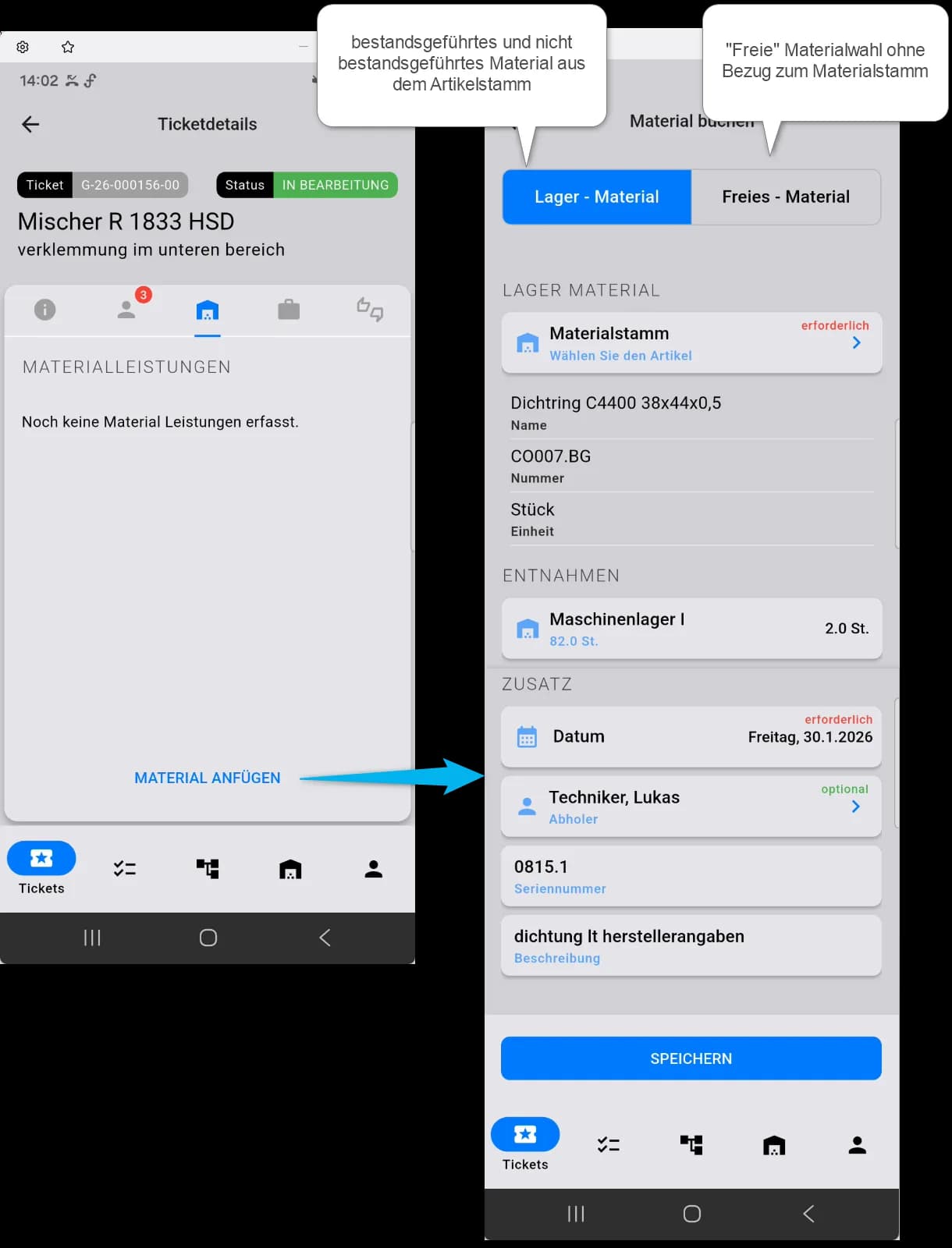 comain smart Materialerfassung im Ticket mit Lager-Material und freiem Material