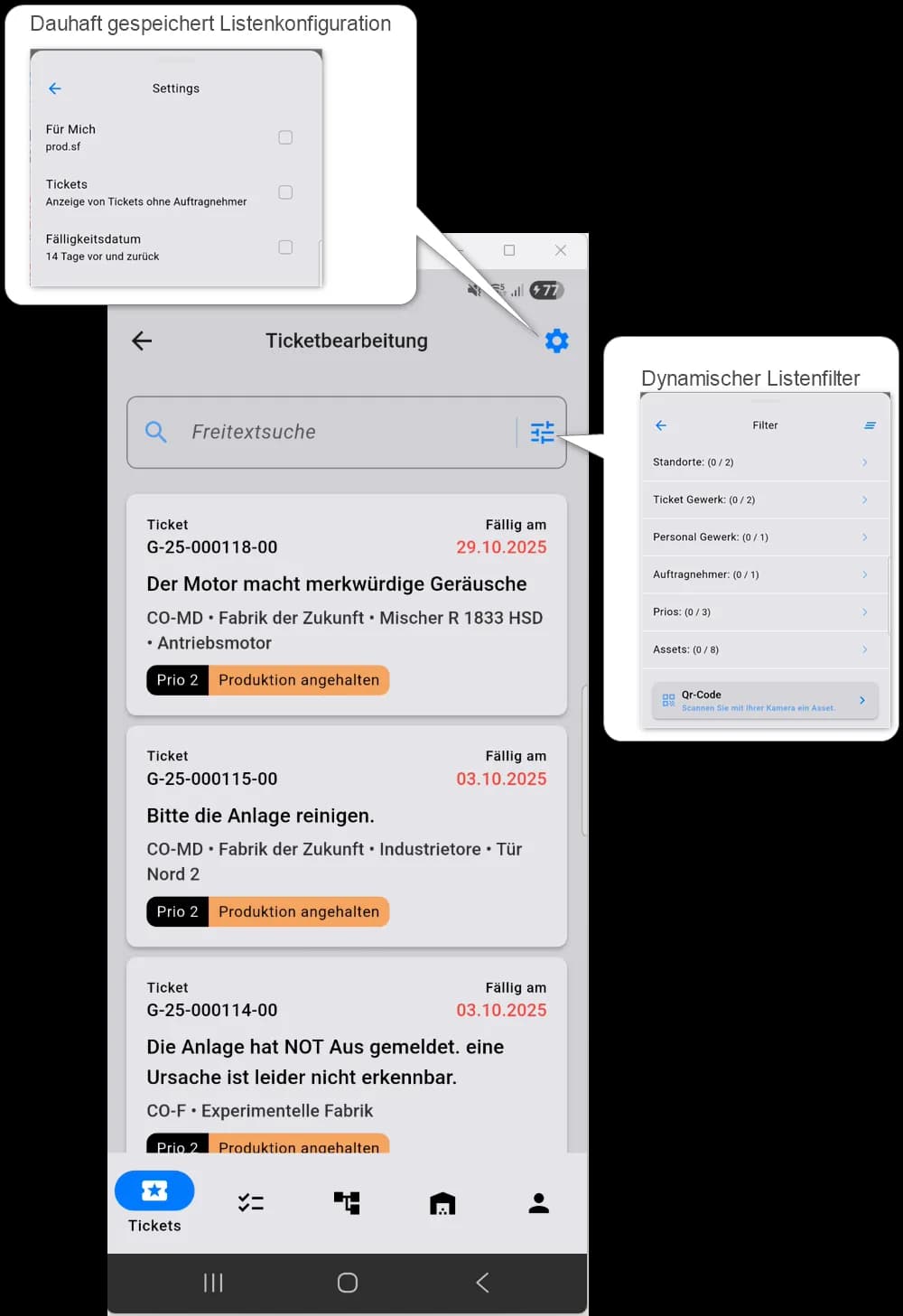 comain smart Ticketliste mit Freitextsuche und konfiguriertem Listenfilter