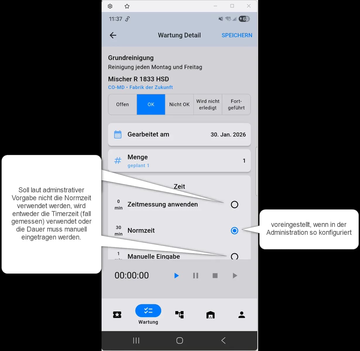 comain smart Arbeitszeiterfassung mit Normzeit, Zeitmessung und manueller Eingabe