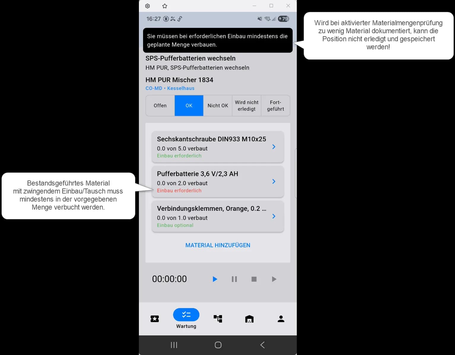 comain smart Materialmengenprüfung bei Wartungsmaßnahmen