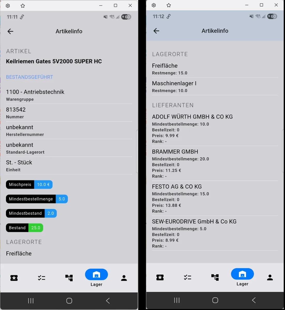 comain smart Artikeldetails mit Lagerorten und Lieferanten