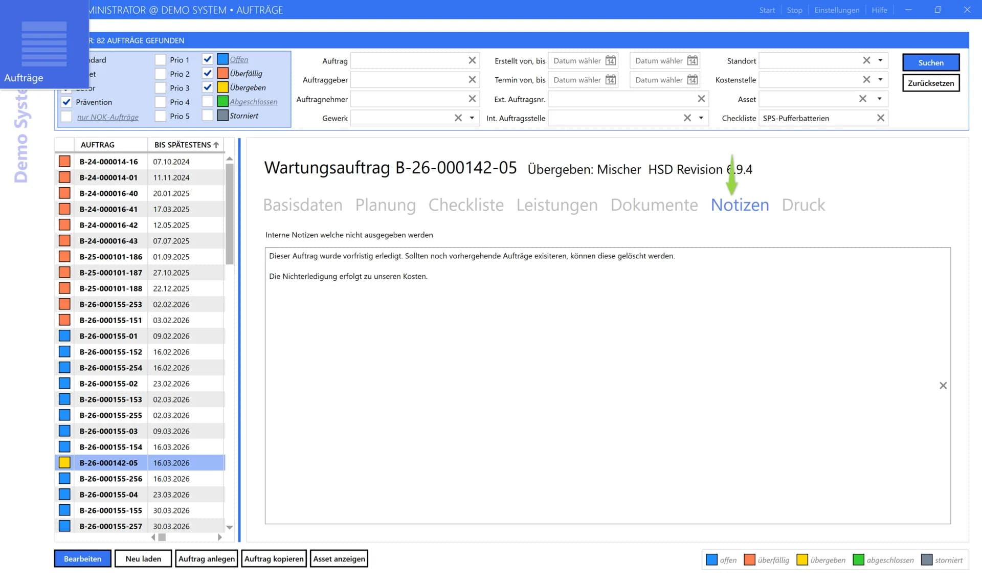 comain Wartungsauftrag mit Notizen-Tab für interne Dokumentation