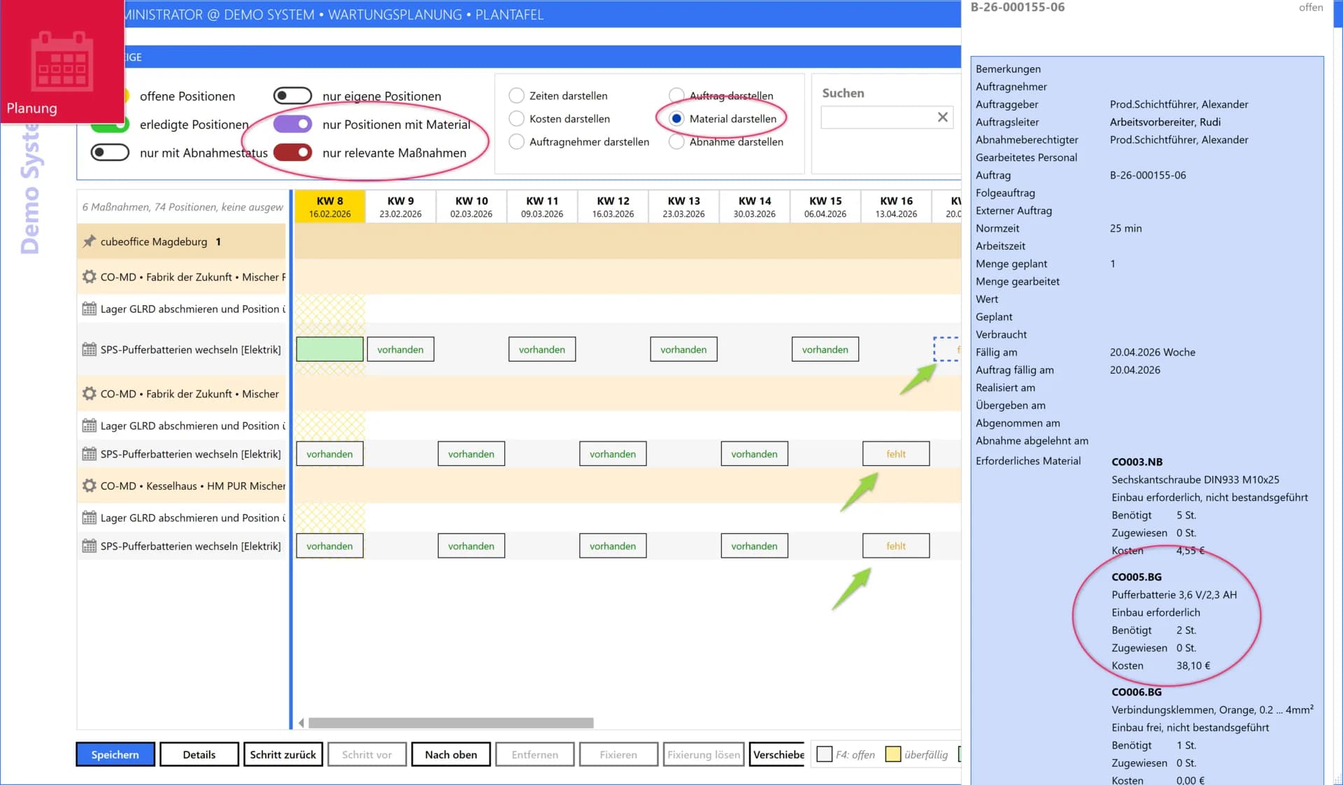 comain Plantafel mit Materialdarstellung und Positionsdetails